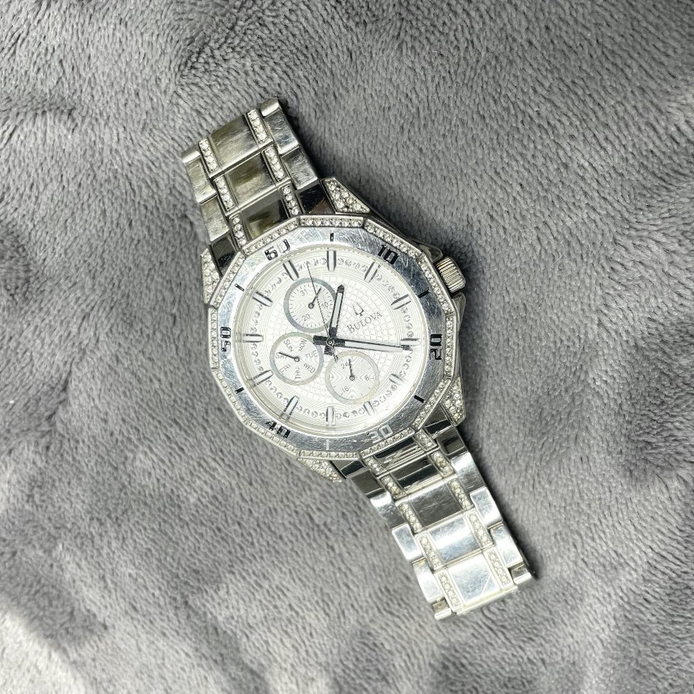 Bulova Silver-Toned Diamond Lined Watch